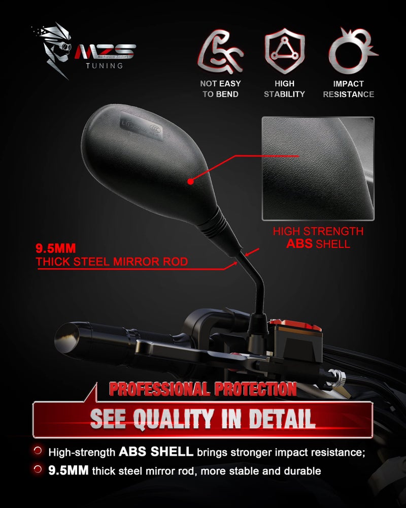 MZS ATV Mirrors with Aluminum Mounts, 8MM 10MM Motorcycle Handlebar Side Mirror Rear View Accessories Compatible with Motorbike Street Adventure Dirt Bike E-Bike Snowmobile Scooter Moped GY6 Quad - Image 3